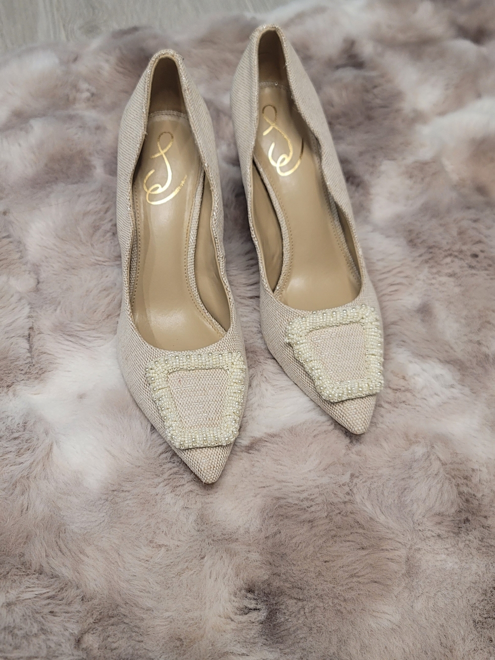 Sam Edelman Pearl-Trim Pointed Toe Pumps - Cream